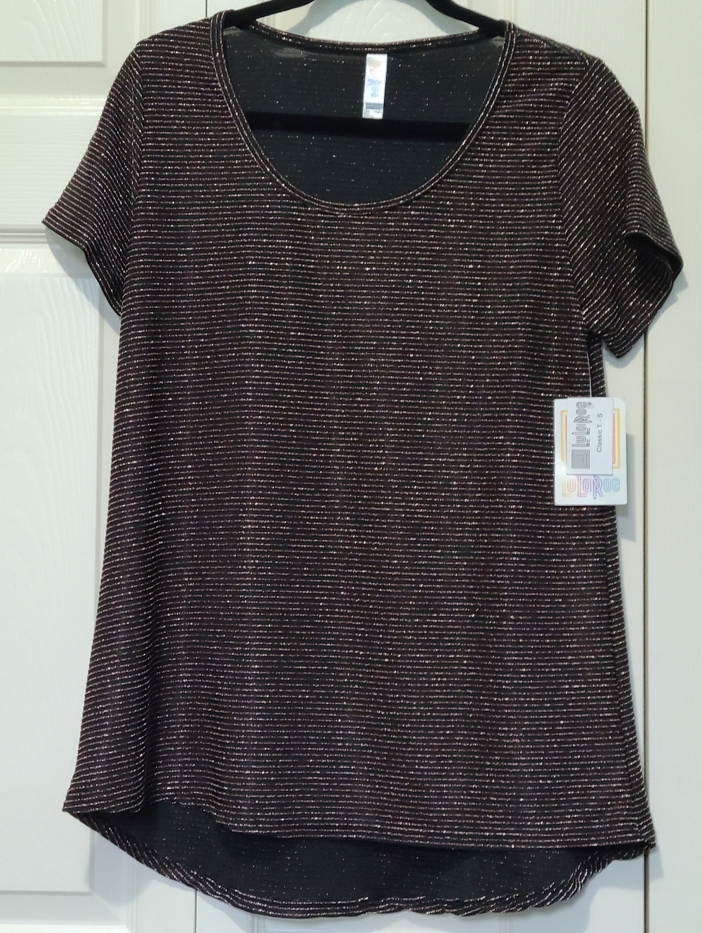 Metallic Stretch Knit Black Short-Sleeve Stripe Women's LuLaRoe Classic T Top